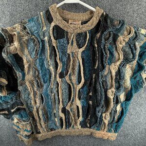 Coogi Classic Linen Cotton Medium Blue Beige Sweater Pullover Men Crew Neck